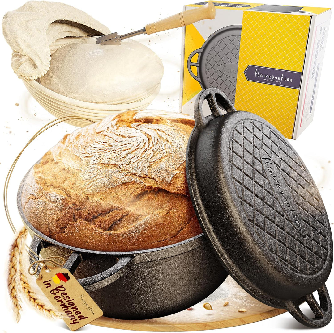 Gusseisen Topf zum Brot backen - Starter-Set mit Gärkorb, Bäckermesser und Brotrezepten - Idealer Br