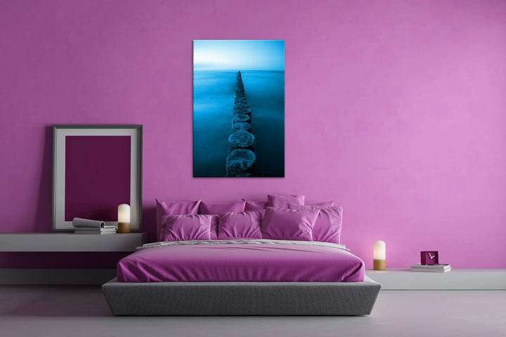 Buhnen an der Ostsee Format 80x60 Effekt: Monocrome Blau als Leinwandbild, Motiv fertig gerahmt auf