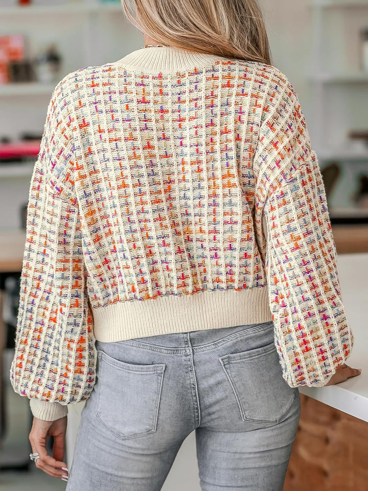 CUPSHE Damen Strickpullover Rundhals Puffärmel Melange Optik Grobstrick Pulli Oberteile Crop Tops Kn