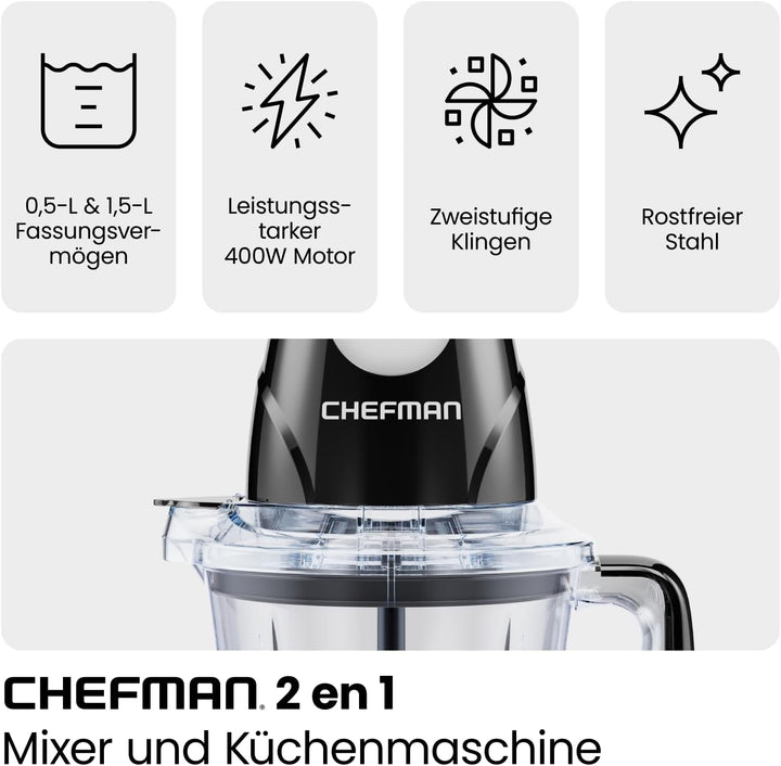 CHEFMAN 2-in-1 Smoothie Maker und Tragbarer Mixer mit 400W Motor, 2-Stufigem Messer, Eiszerkleinerer