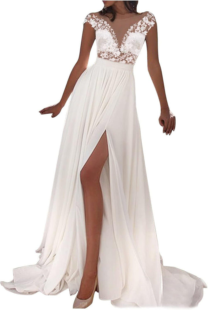 Prinzessin Trauung Kleid Damen Brautkleider A-Linie Lang Spitzen Hochzeitskleider mit Ärmel Standesa