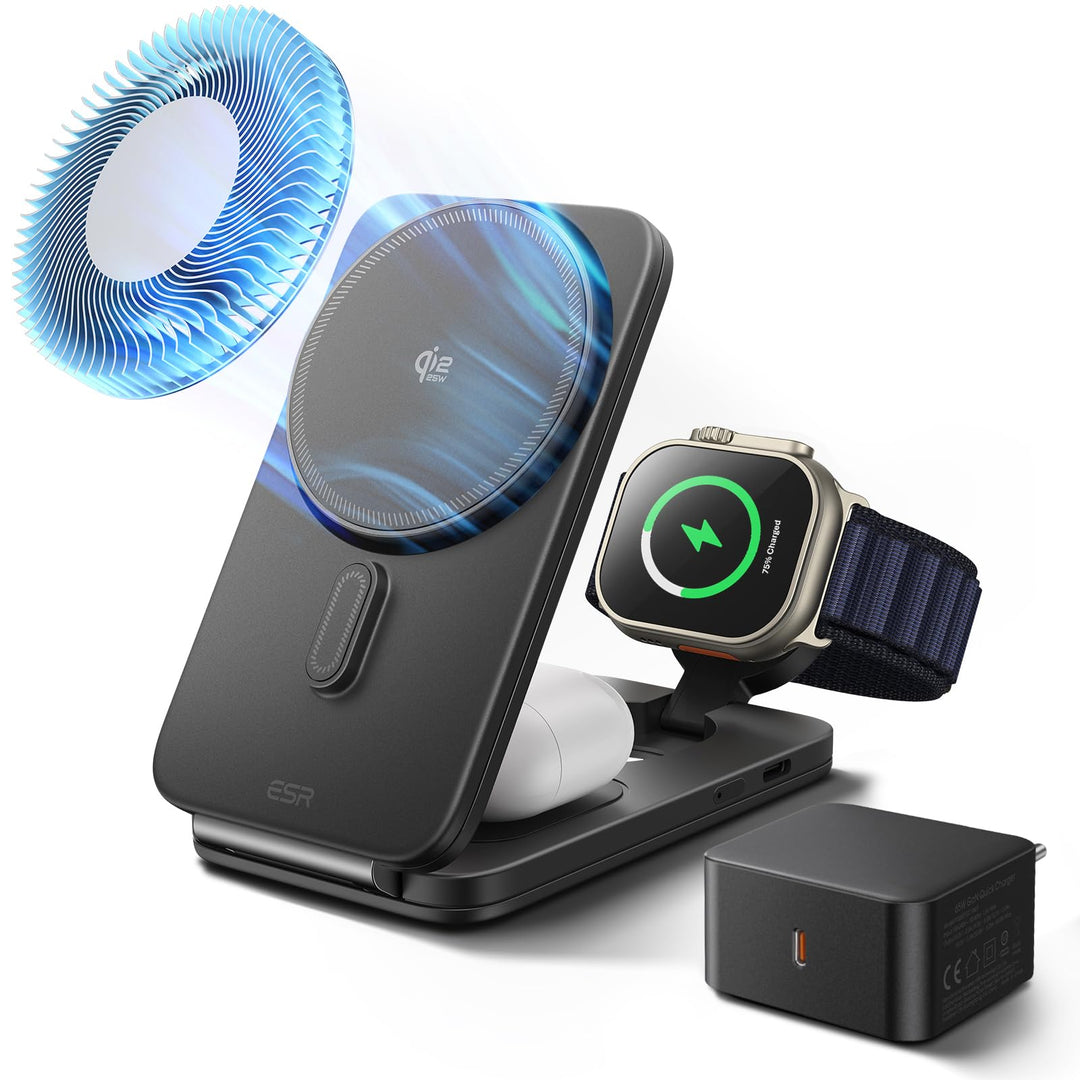 ESR 3 in 1 Ladestation Apple Watch und iPhone, Qi2.2 25W Magsafe Ladestation mit CryoBoost, Klappbar