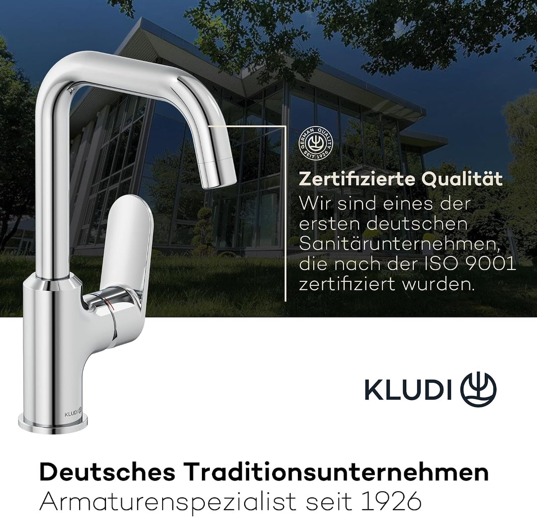 KLUDI-X1 Waschtischarmatur, 360° schwenkbar, Auslaufhöhe 205 mm, wassersparender Wasserhahn Bad Grös