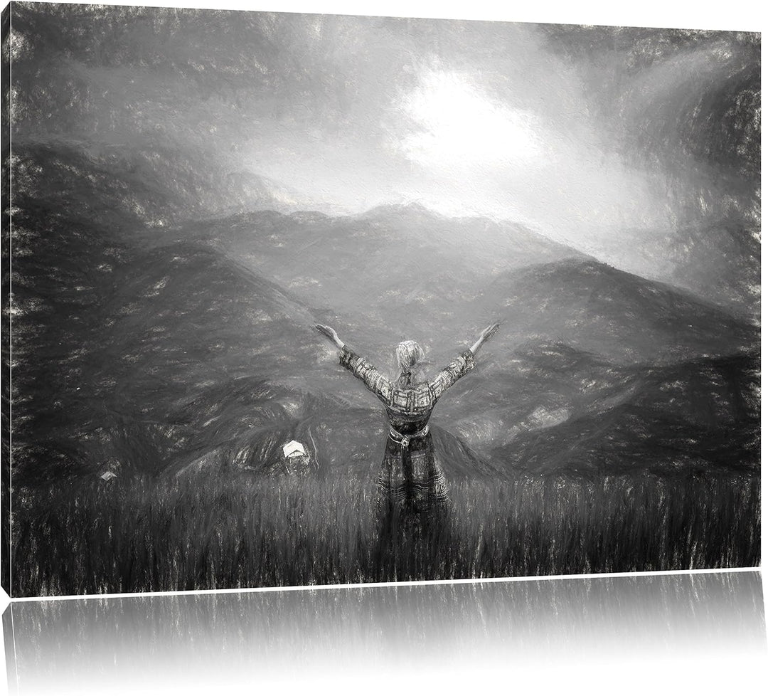 Pixxprint eine Berg Farm in Asien im Sonnenschein Kunst Kohle Effekt, Format: 100x70 auf Leinwand, X