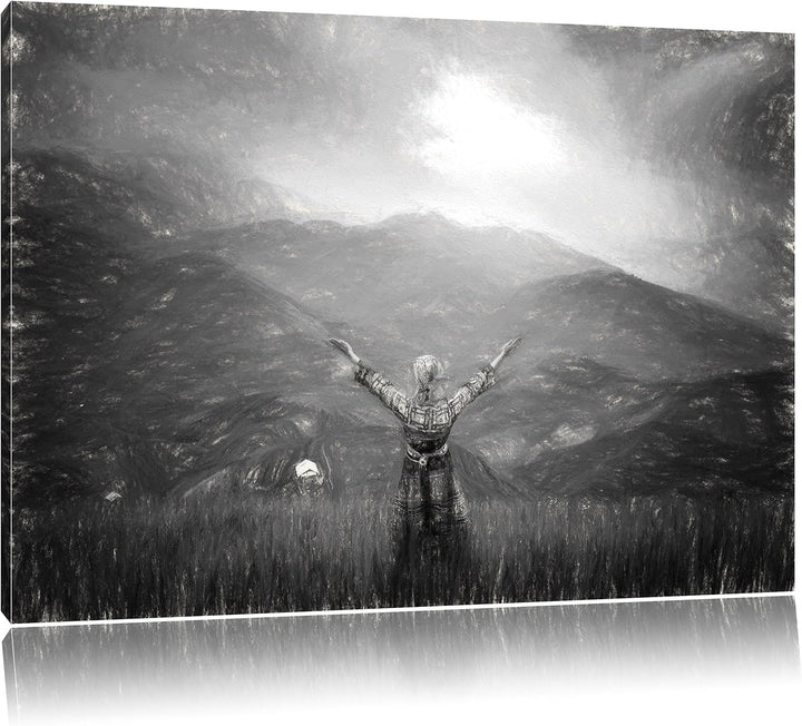 Pixxprint eine Berg Farm in Asien im Sonnenschein Kunst Kohle Effekt, Format: 100x70 auf Leinwand, X