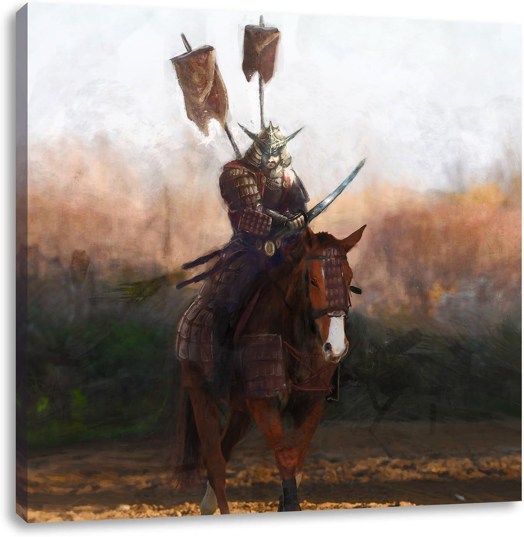Pixxprint Samurai Krieger auf einem Pferd als Leinwandbild/Grösse: 70x70 cm/Wandbild/Kunstdruck/fert