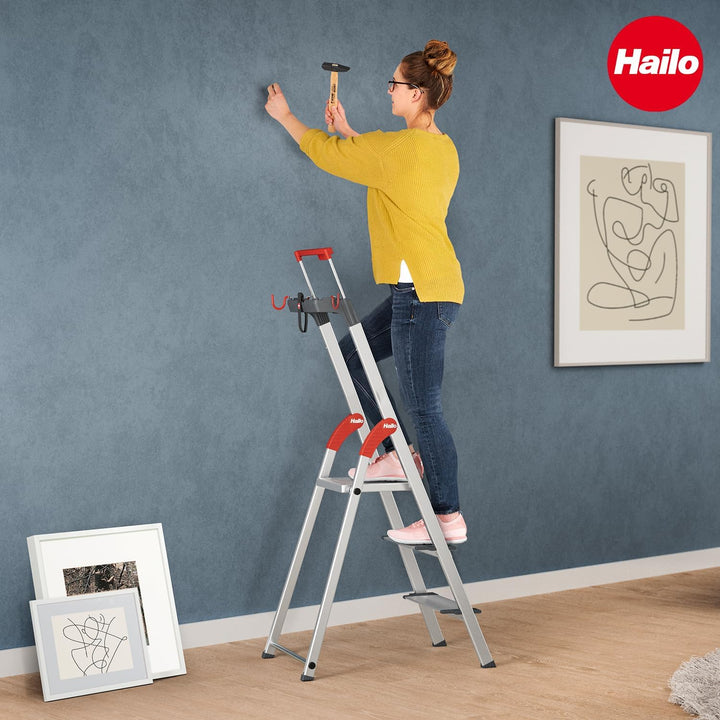 Hailo L84 ComfortLine Alu-Sicherheits-Stehleiter - 5 XXL-Stufen belastbar bis 150 kg - Tiefe Standfl