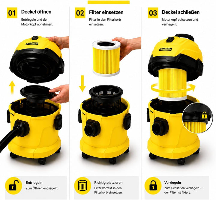 3x Filter für Kärcher Staubsauger, kompatibel mit Kärcher WD3 Filter, Premium WD2 WD 3 WD1 MV3 MV2 N