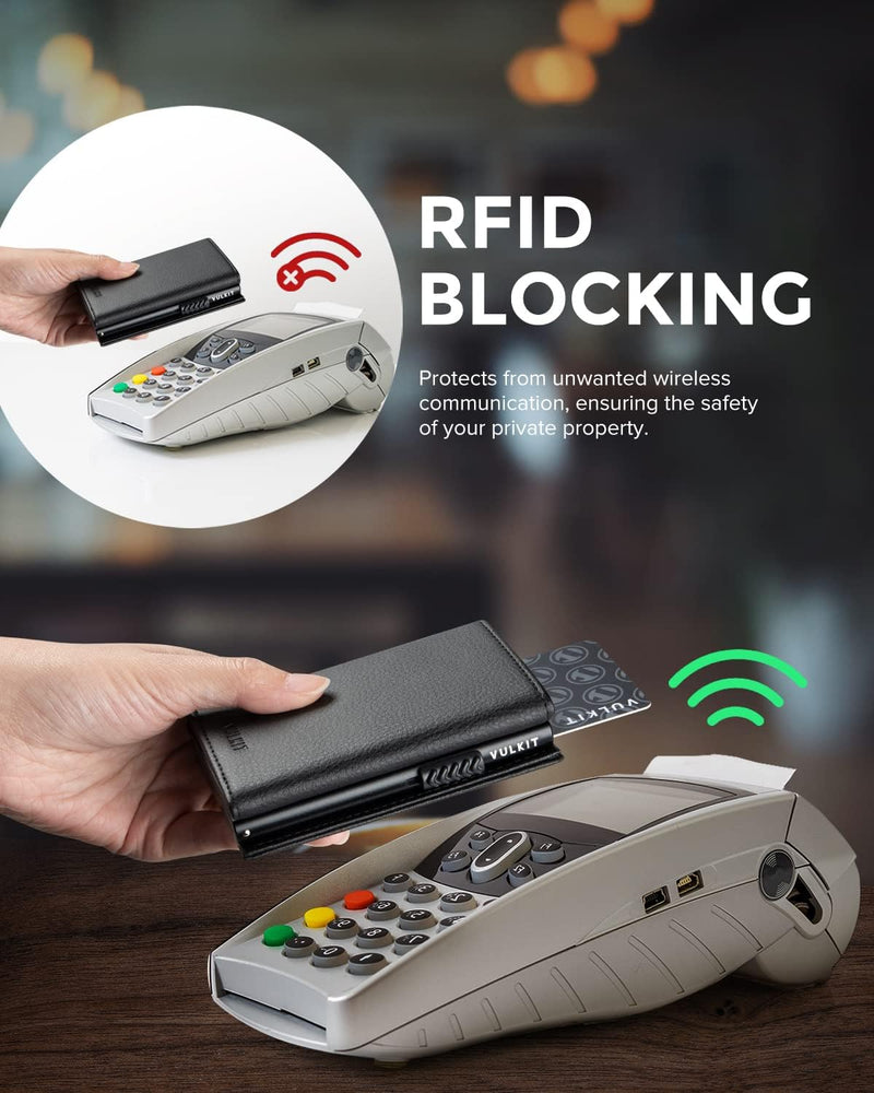 VULKIT Kreditkartenetui RFID-blockierende Pop-Up-Kartentasche aus Echtem Leder mit Geldscheinfach, A