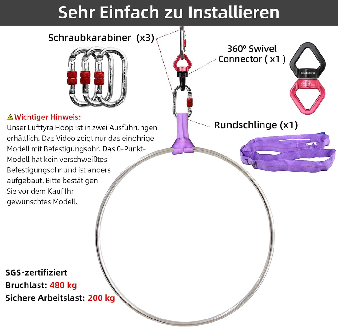 Aerial Hoop Set, Professional Aerial Lyra Hoop, 85cm/95cm/100cm 5 Grössen Edelstahl Single Point Aer
