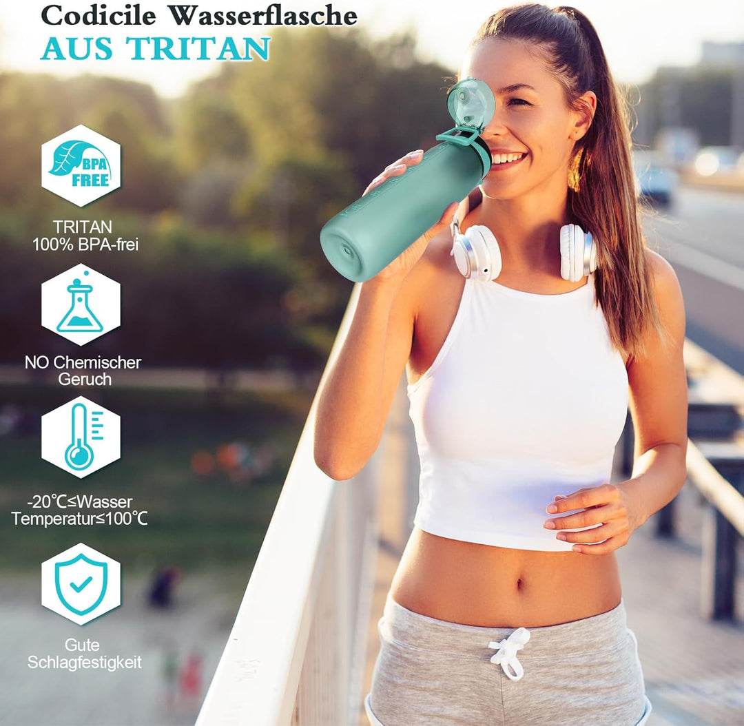 CodiCile Trinkflasche 1L, Wasserflasche 1L BPA-Frei, Auslaufsichere 1 Liter Trinkflasche, Tritan Spo