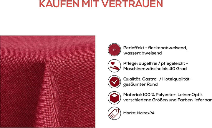 Textil Tischdecke - Leinen Optik - wasserabweisend Eckig - Farbe Grösse wählbar (Rot, ca. 130x300 cm