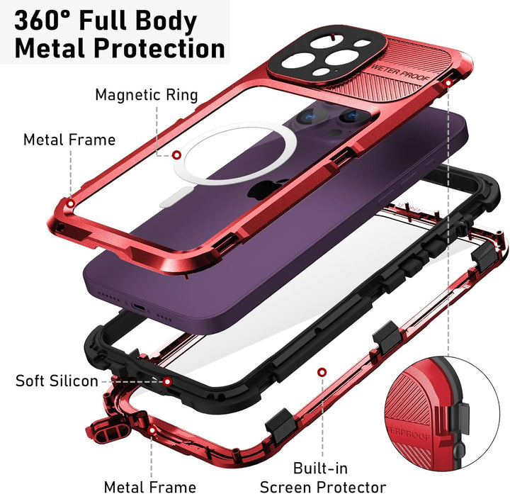 WIFORT für iPhone 14 Pro Max Hülle Wasserdicht mit MagSafe, 360 Outdoor Metall Schutzhülle mit Displ