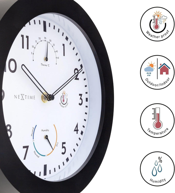 NeXtime Wall Clock (Garden/Inside) 25,5 cm-Time/Temp/Humidity-Black-Plastic Daisy, One Size