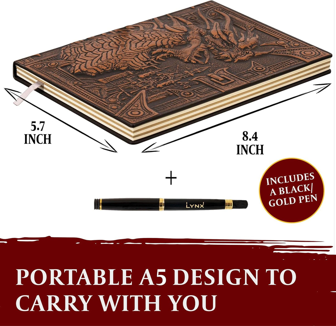 D&D Notizbuch – RPG Journal/Notebook mit 3D Bronze Drache Motiv im Kunstledereinband mit Stift. Noti