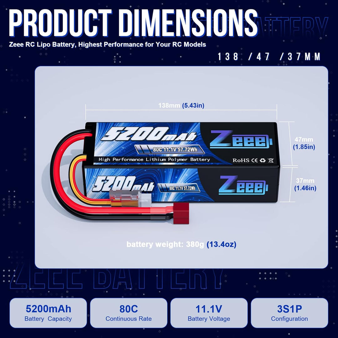 Zeee 3S LiPo Akku 11,1V 80C 5200mAh Hardcase Batterie mit T Stecker für RC Auto, RC Flugzeug, RC Hub