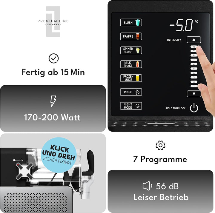 LEBENLANG Premium Slush Maschine 2L - 5 Modi & 15 Min QuickFreeze I Inkl. Rezeptbuch & Auto-Reinigun
