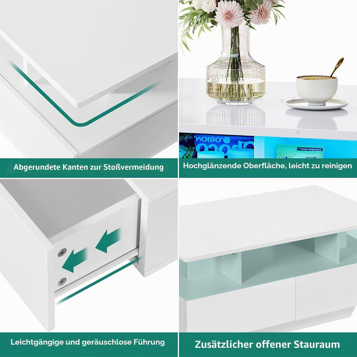 YITAHOME Couchtisch Weiss, Wohnzimmertisch Hochglanz mit 16-Farbiger LED Beleuchtung Modern, Beistel