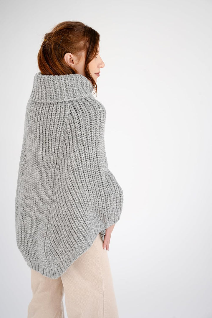 SAOL Damen Poncho aus 100% Merinowolle mit Zopfmuster für Damen Einheitsgrösse Einheitsgrösse Grau,