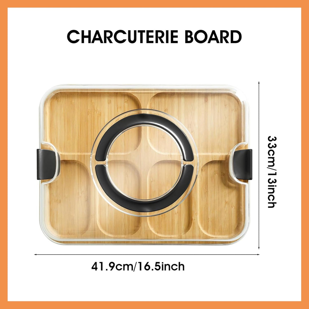 Wurstwarenbrett mit Deckel, 41, 9 x 33 cm Bamboo Charcuterie Boards mit klarem Deckelgriff, 6 Fächer