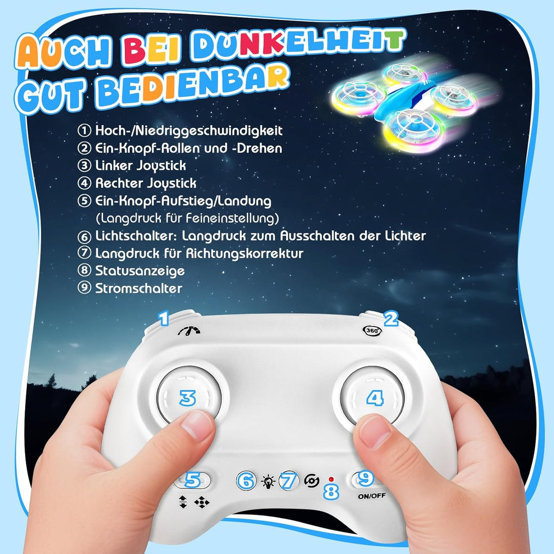 RC Drohne für Kinder 6-14 Jahre mit LED-Beleuchtung, 360° Flips & Ein-Knopf-Landung - Quadrocopter S