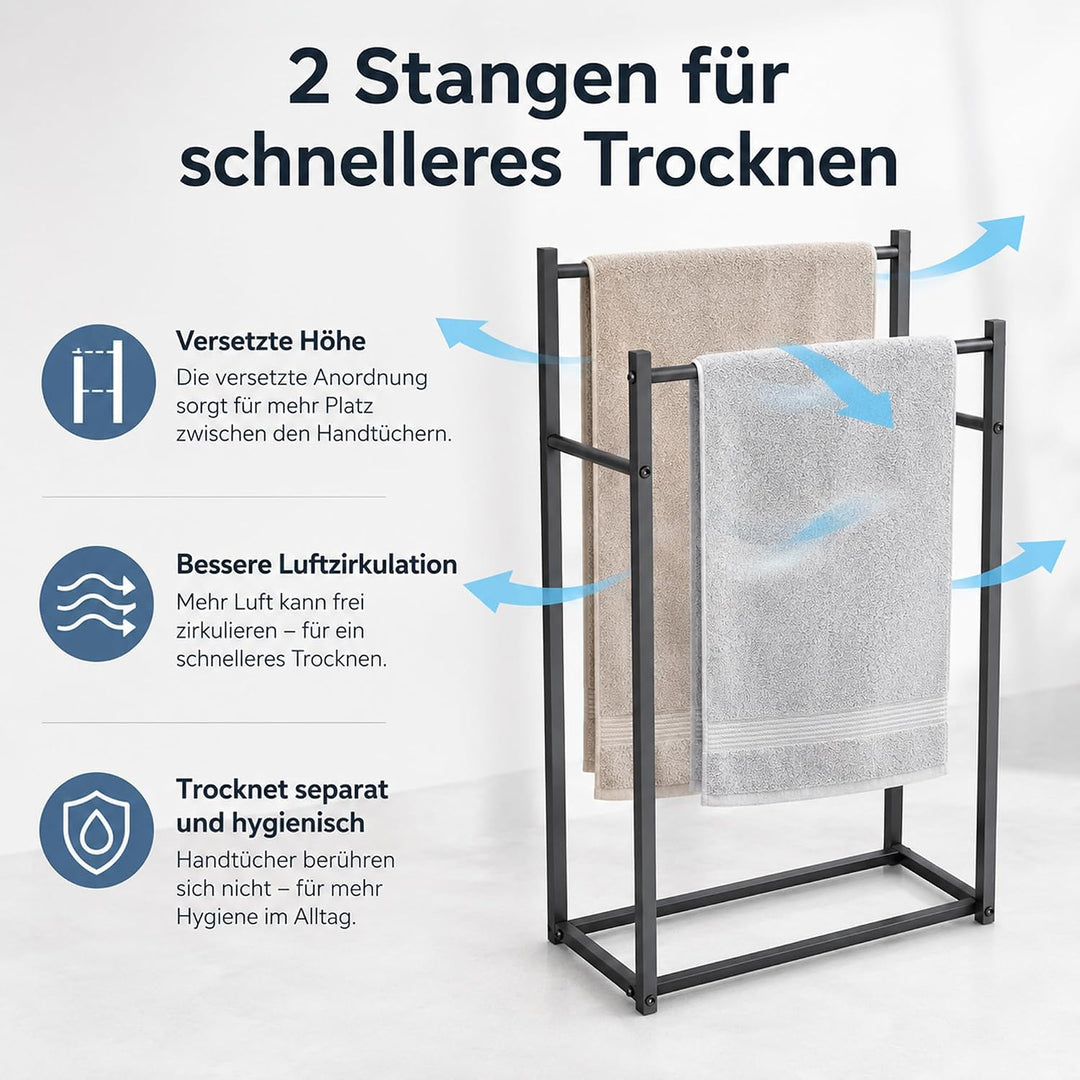 Handtuchständer Freistehend Schwarz - Handtuchhalter ohne Bohren aus Metall - 2-Stufiger Badetuchhal