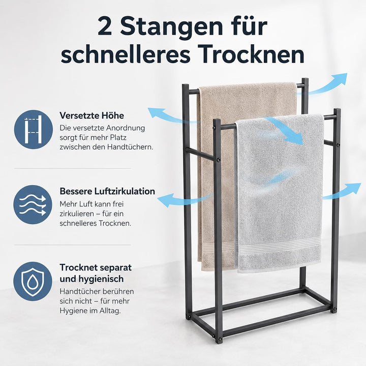 Handtuchständer Freistehend Schwarz - Handtuchhalter ohne Bohren aus Metall - 2-Stufiger Badetuchhal