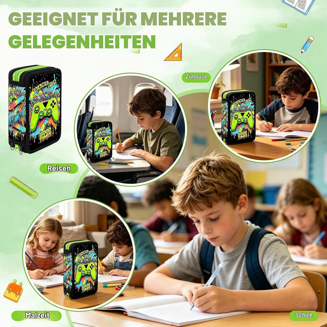 41 Artikel Federmappe Jungen, Federmäppchen 3 Fach Jungen Mäppchen Gefüllt Spiel Set, Federtasche 3