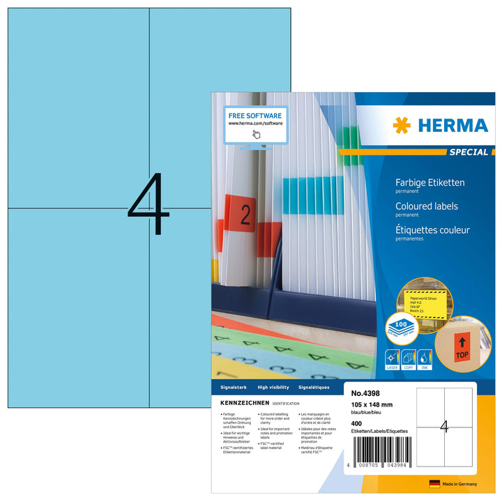 HERMA 4398 Farbige Etiketten blau, 100 Blatt, 105 x 148 mm, 4 Stück pro A4 Bogen, 400 Aufkleber, sel