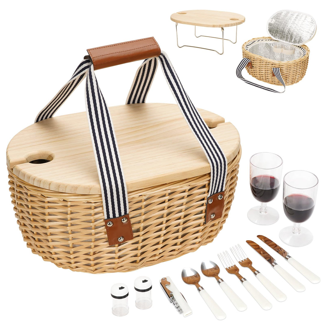 Picknickkorb für 4 - Weiden-Picknick-Set mit Weintisch | Weidenkorb-Set mit isolierter Kühltasche fü
