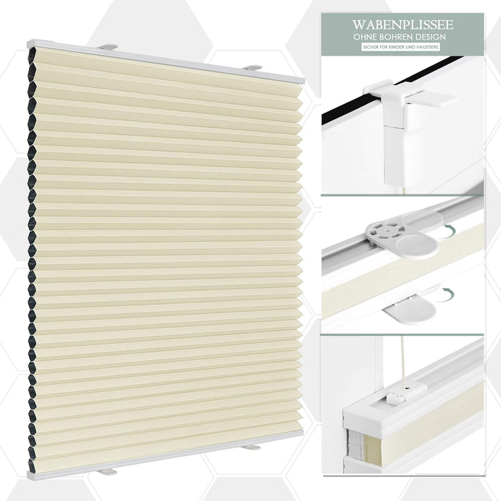 Wabenplissee Plissee ohne Bohren Verdunkelung Klemmfix Thermo Verdunklungsplissee, Beige-Weiss 40x12