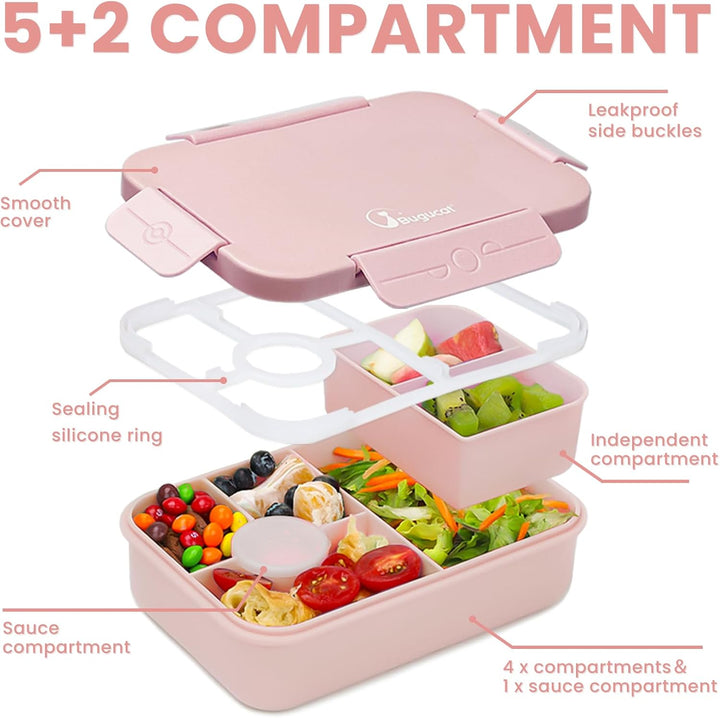 Bugucat Brotdose Kinder mit 5 Fächern 1300ML, Auslaufsicher Lunchbox Kinder, Bento Box Brotdosen mit