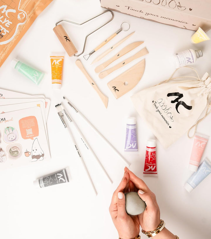 Töpferset für Zuhause ohne Brennen – 2 kg lufttrocknender Ton mit Acrylfarben Set, Werkzeug & Anleit