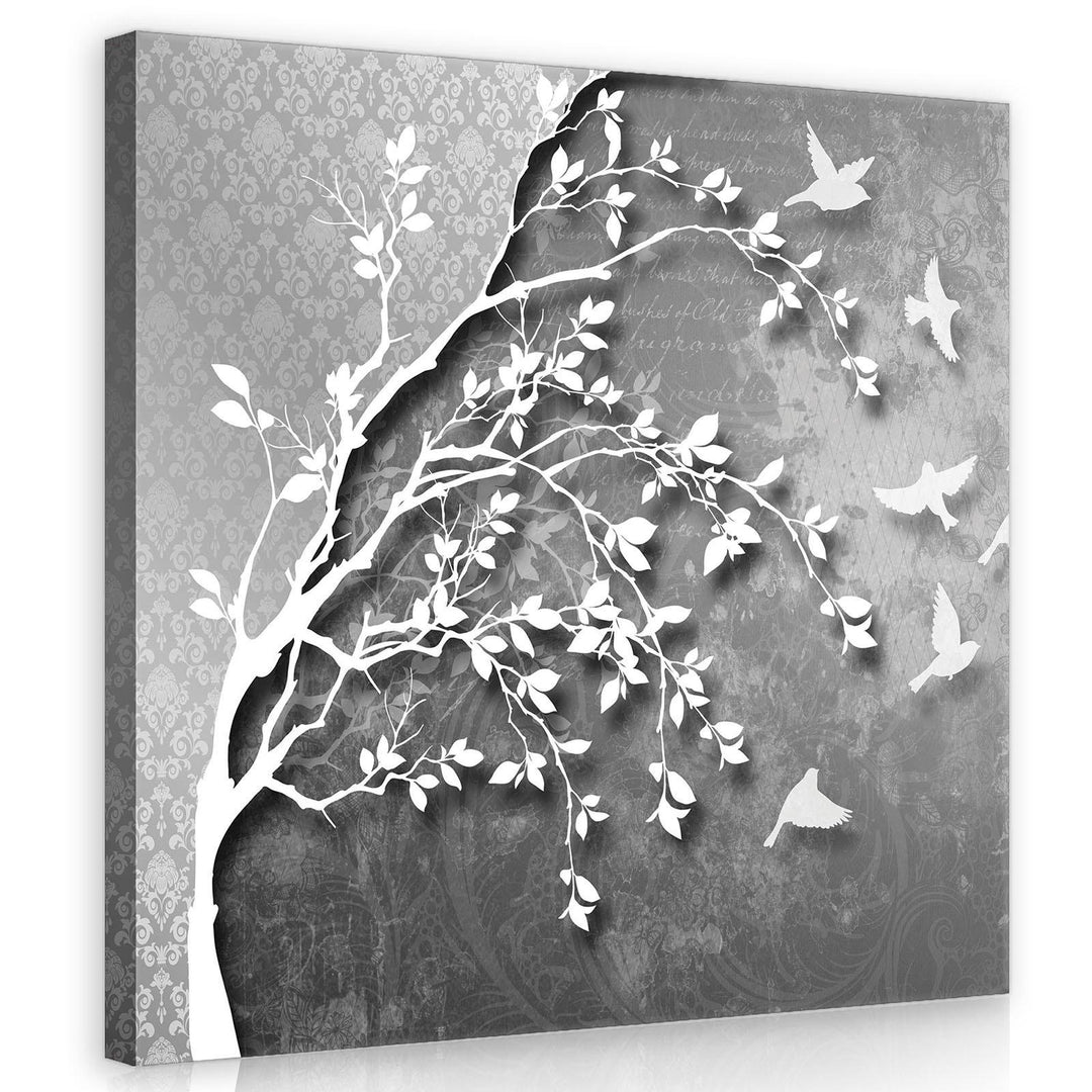 Forwall Leinwand Bilder 80x80 cm | Silber Baum Vögel, Leinwandbilder, Bild auf leinwand, Format: 80x