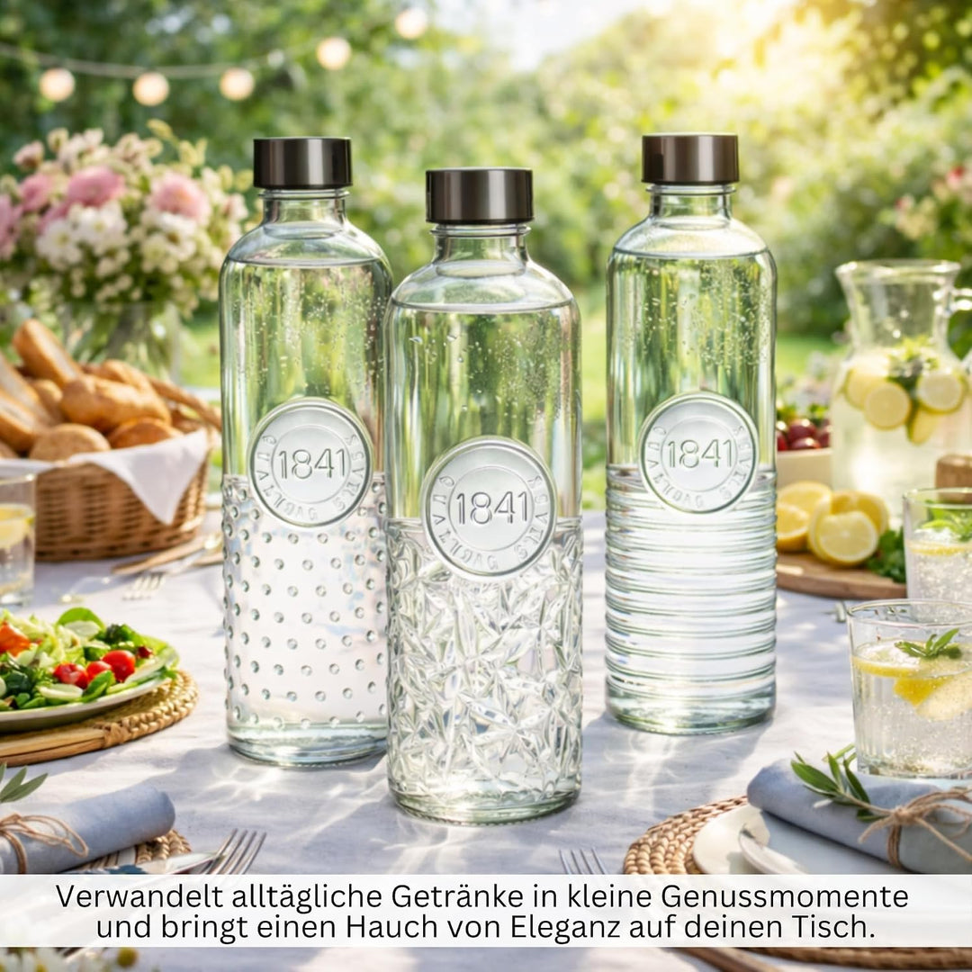 3er-Set Wasserflasche, Trinkflasche, Glasflasche für 1 Liter – gestreift | transparente Karaffe – Re
