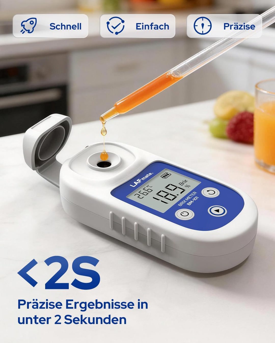 Digitales Refraktometer 0-55% ±0,2%, BM101 Brix Refraktometer mit ATC, IP65 Refraktometer Brix für S