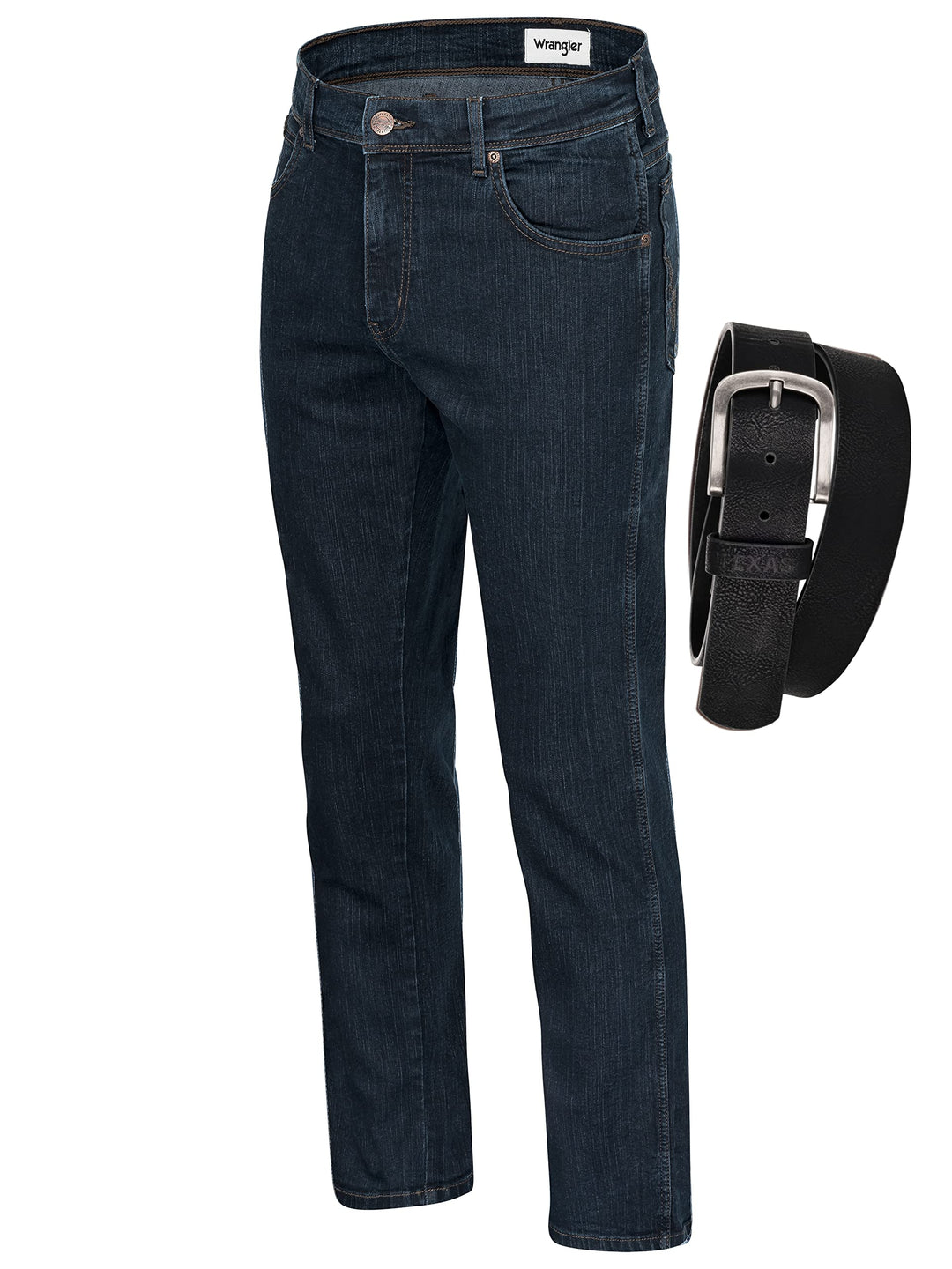 Wrangler Texas Stretch Herren Jeans Regular Fit inkl. Gürtel (W42/L32, Blue Black)