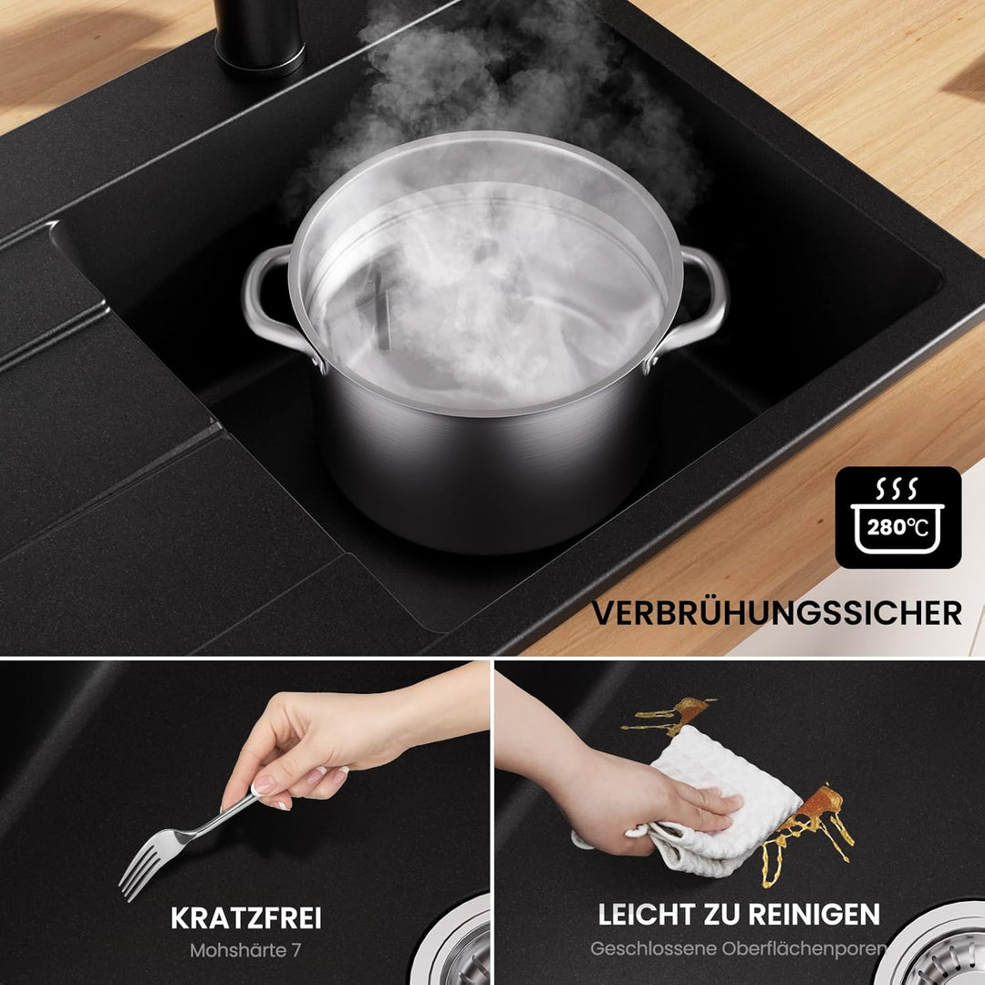 CECIPA Küchenspüle Schwarz 78 x 45 cm mit Wasserhahn Ausziehbar, Spüle Küche, Granitspüle ab 45 cm b