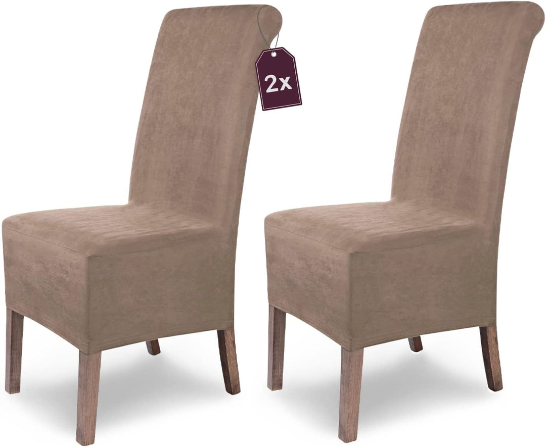SCHEFFLER-Home Stuhlhussen 2er Set Leon Taupe/elastische Wildleder Hussen für Stühle/Robustes Freisc