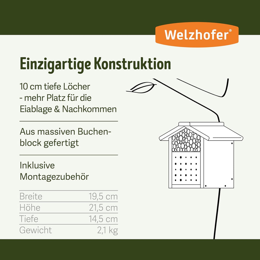 Welzhofer Wildbienenkasten Janine, Bienenhotel mit Brutröhen mit 10cm Tiefe - mehr Platz für die Eia