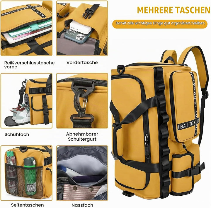 Sporttasche Reisetasche für Damen und Herren, Gross 65L Sporttaschen mit Schuhfach &amp; Nassfach, Large