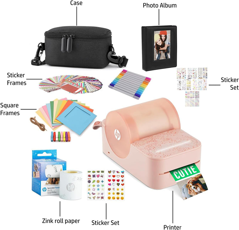 HP Sprocket Panorama Tragbarer Sofort-Farbetiketten- und Fotodrucker (Rosa), Geschenkpaket mit Etui,