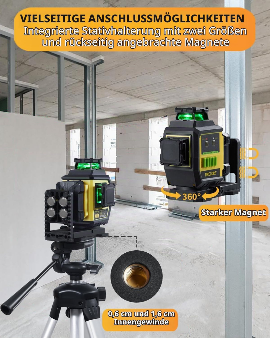 Kreuzlinienlaser mit Stativ, Firecore Laser-Wasserwaage Selbstnivellierend Linienlaser Grün, 3×360°