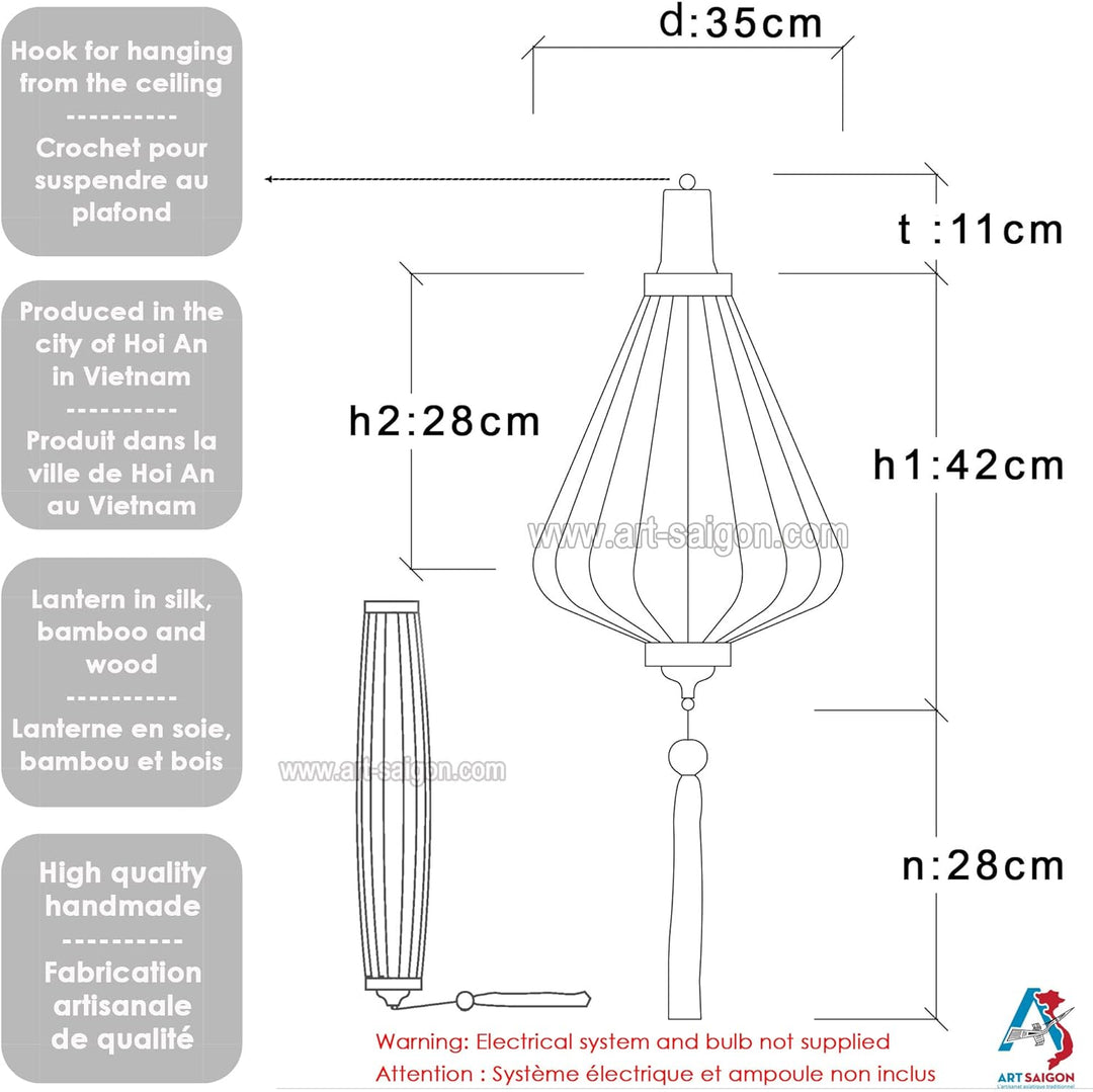 Laterne Lampion Asiatische aus Seide Malve, A Ø35cm - Traditionelle Hoi An Hängelampe aus Stoff, Bam