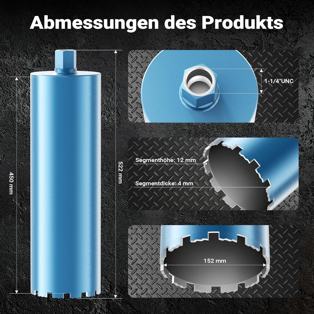 Wiltec Diamantbohrkrone Typ 1 (Shark) Ø 152 mm, Bohrkrone 450 mm, 1¼ UNC Nassbohrkrone, Diamantbohre