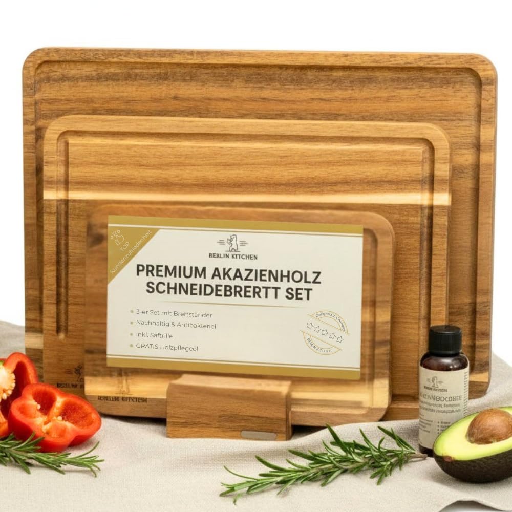 Cut’n Cook Moments Schneidebrett 3er Set | Akazienholz | GRATIS Pflegeöl &amp; Brettständer | Saftrille
