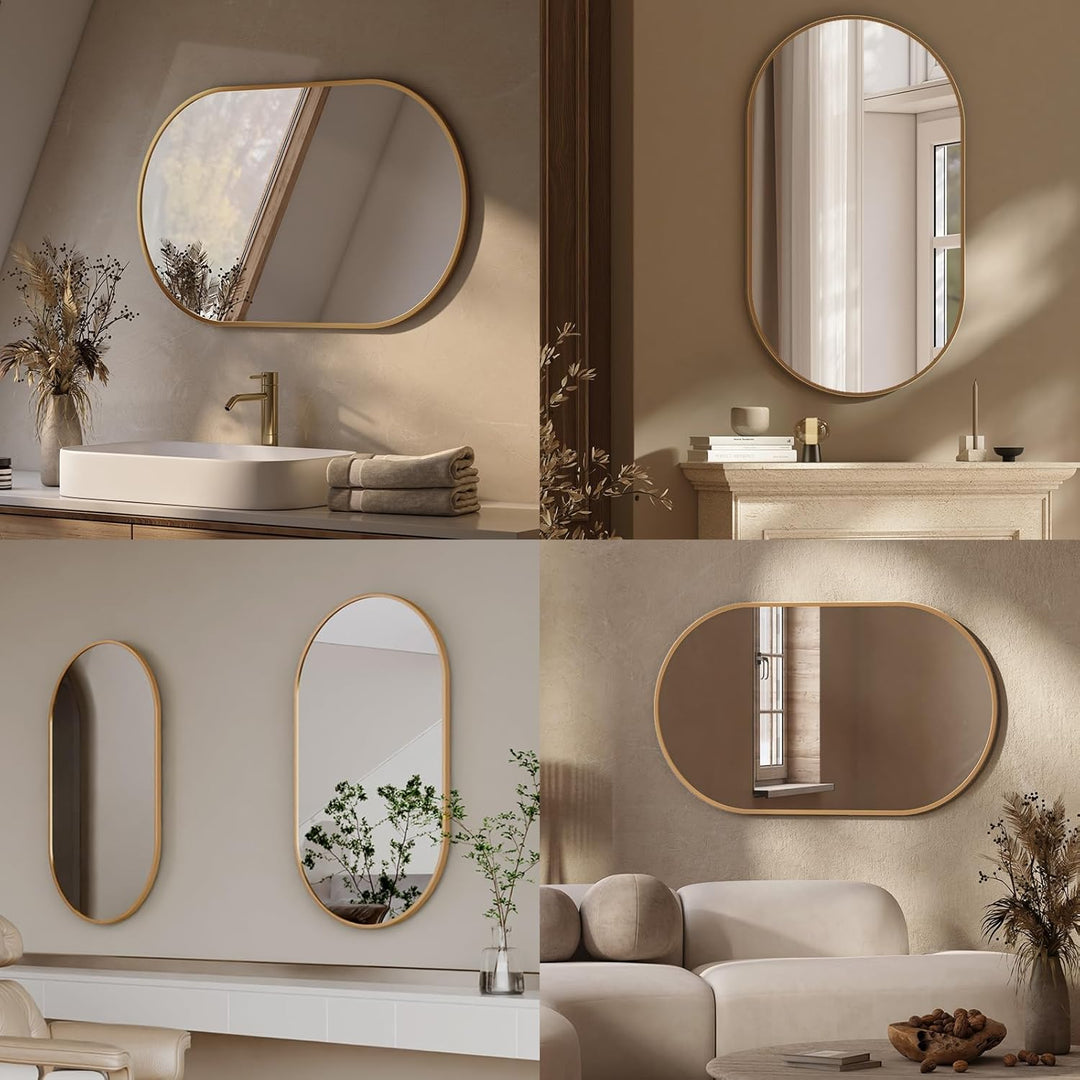 EMKE Badspiegel Oval 50 x 70 cm Spiegel mit Goldener Rahmen Wandspiegel Oval Horizontal/Vertikal Bad