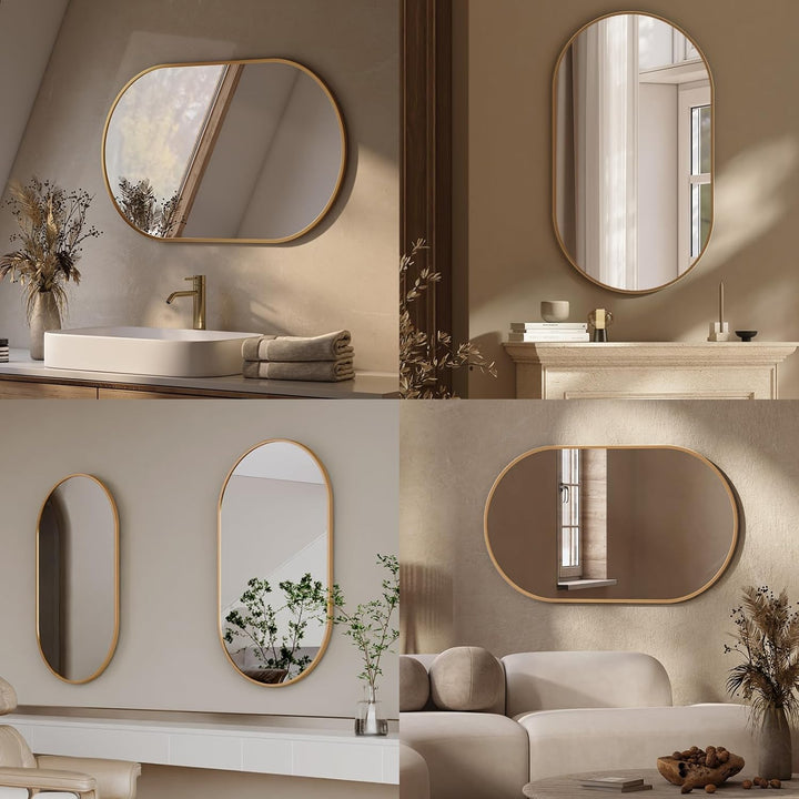 EMKE Badspiegel Oval 50 x 70 cm Spiegel mit Goldener Rahmen Wandspiegel Oval Horizontal/Vertikal Bad