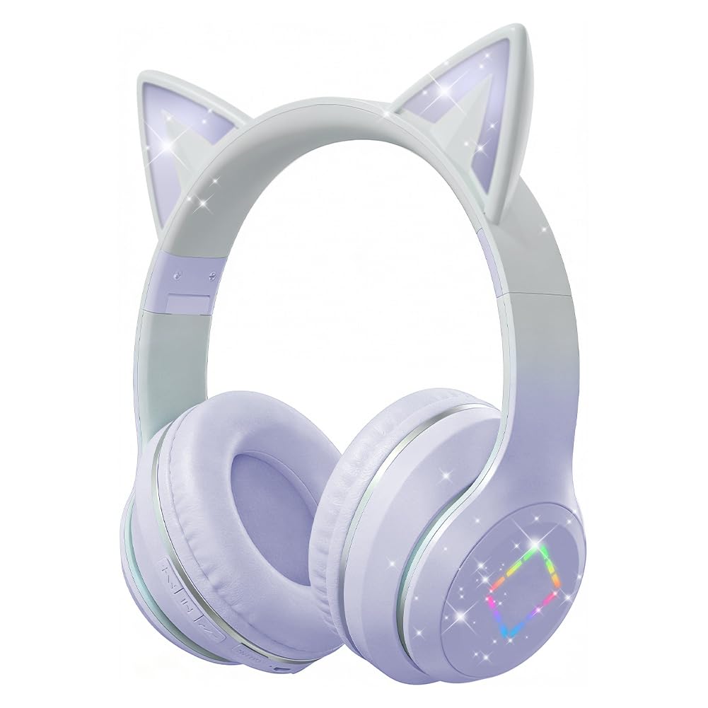 Kinder Bluetooth Kopfhörer, Katzenohr LED Lichter, Bluetooth 5.3 Stereo, Verstellbares Kopfband, 85d
