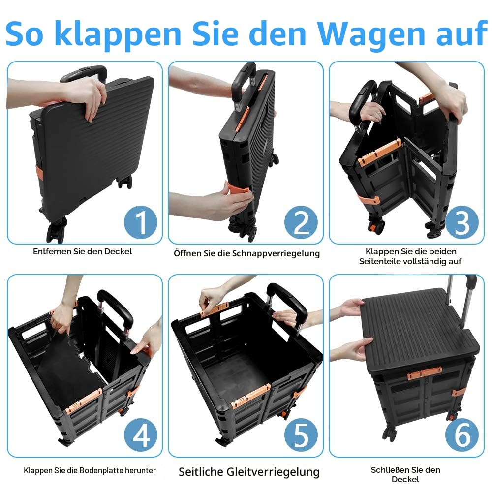 Faltbare Einkaufstrolley-Box auf Rädern mit Deckel, verschleissfester, geräuschloser 360 ° -Drehung